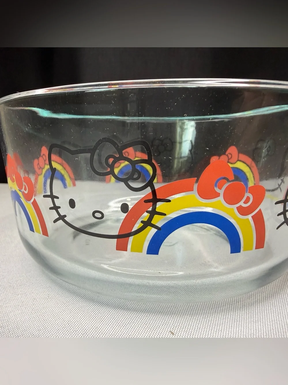 Hello Kitty  Glass Pyrex Bowl with Rainbow and Red Bow Accents 6” Diameter